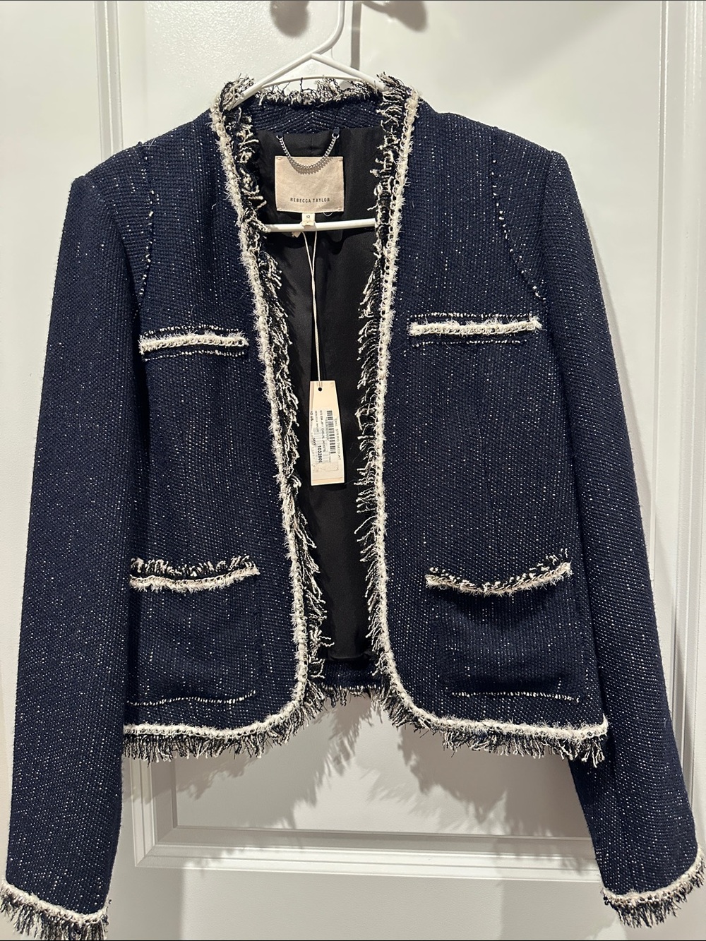 Rebecca Taylor Navy Tweed Fringed-Trim Jacket